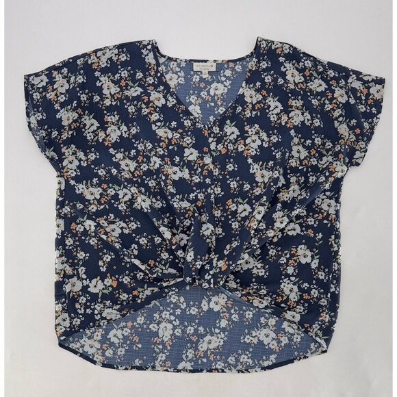 Studio B by Bobeau Women’s Relaxed Navy Blue Floral Knotted‎ Front Blouse M Boho - Picture 1 of 10